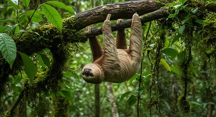 Fototapeta premium Three-Toed Sloth Hanging Upside Down From a Moss-Covered Branch in the Jungle, A Charming Sloth Hanging Out in the Lush Green Canopy of a Tropical Rainforest