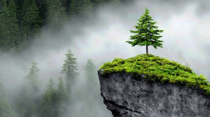 Lone Green Tree on a Rocky Cliff with Misty Forest in the Background