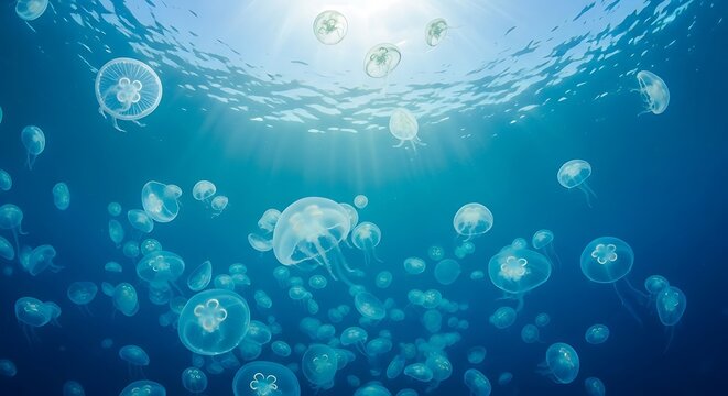 Mesmerizing Jellyfish Ballet: A Tranquil Underwater Scene, Shimmering Sunlight Dances Through a Sea of Moon Jellies