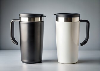 A pair of travel mugs, one black and one white, with handles