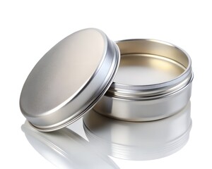An open silver tin container with its lid resting beside it
