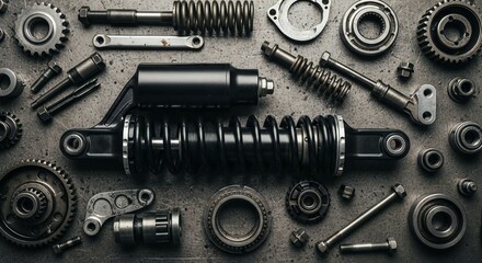 Detailed studio shot featuring an assortment of metallic mechanical parts arranged on gray surface.