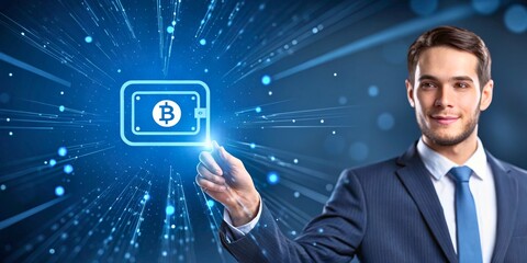 Businessman Holding Bitcoin Wallet Icon in Digital Background with Blue Light Effects