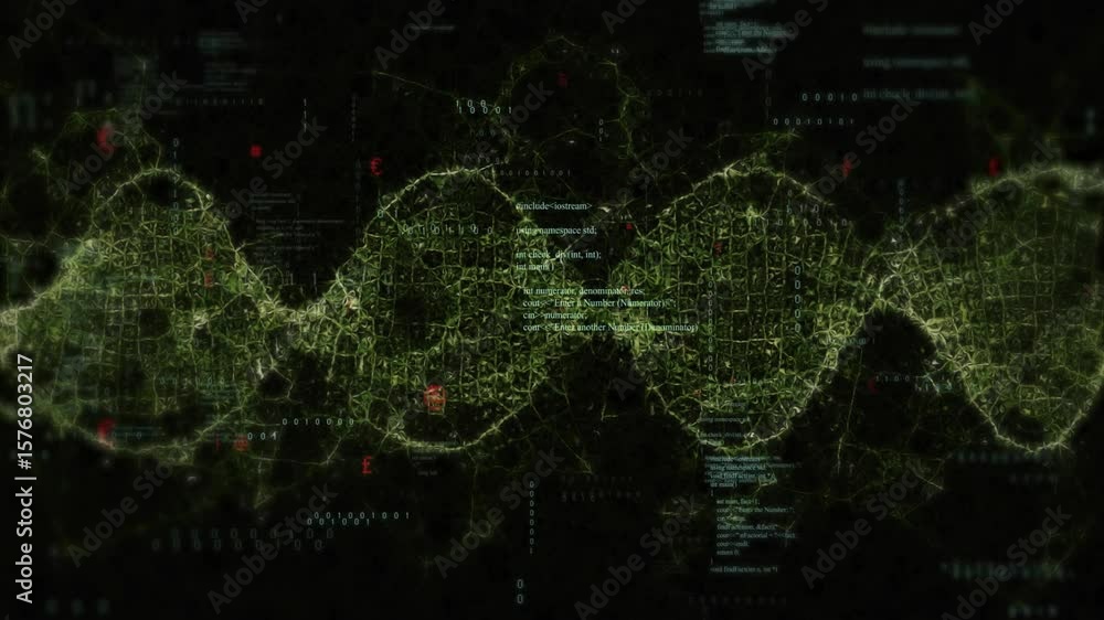 Poster Upon binary clusters fading out network emerging as glowing helix pulsing through code backdrop