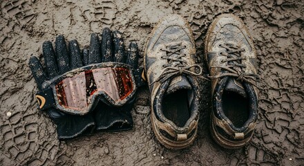 Mud-caked running shoes and goggles rest on a muddy surface, evidencing a muddy adventure or race.