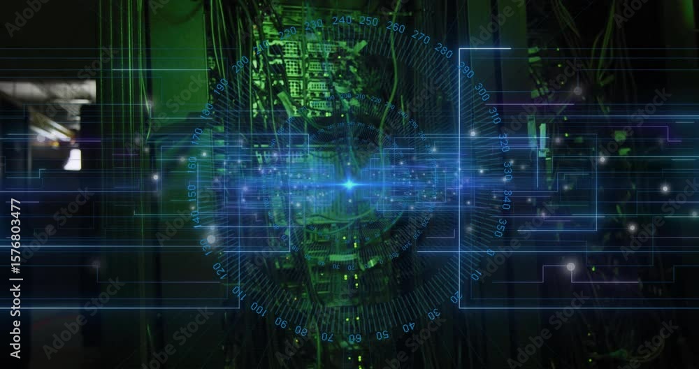 Poster upon scene opening server rack undergoing holographic scan pulsing beam monitoring system health