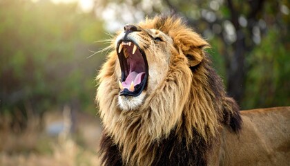 Majestic lion roaring in savanna