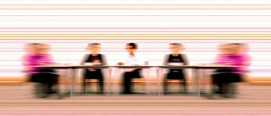 Blurred figures seated around a table, suggestion of a meeting.