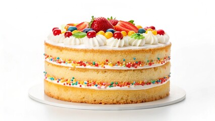 Delicious three-layer vanilla cake with fresh strawberries, blueberries, and colorful sprinkles.