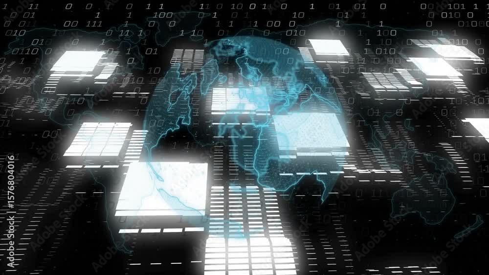 Aufkleber Digital grid emerging and sparking holographic globe rotating with pulsing blocks streaming binary