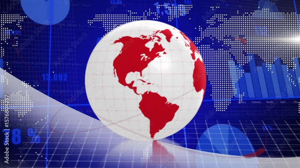 Poster at start globe rotating from europe to americas, red swoosh looping and charts updating percentages