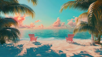 Naklejka premium Two pink chairs on a beach with palm trees and a beautiful sky at sunset in a tropical paradise