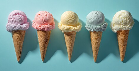 Vibrant Ice Cream Cones on Soft Blue Backdrop
