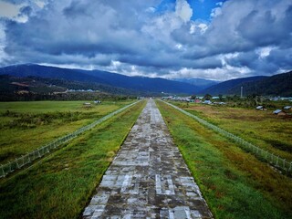 Aerial view of the paved runway at Anggi Airport, Arfak Mountains Regency, West Papua Province,...