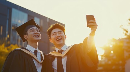 Two happy graduates taking a selfie outdoors.