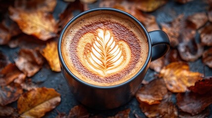 Close-up of latte art in black cup, surrounded by brown and yellow autumn leaves. Perfect for fall themed marketing, coffee shop promotions, and social media.