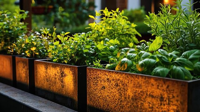 Rusty metal planter boxes filled with herbs