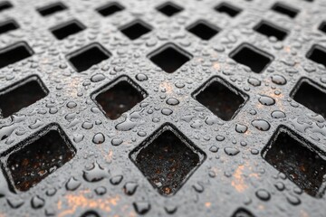 Close-up of a wet metal grate with square openings and water droplets. Use for backgrounds, textures, or themes related to weather and infrastructure.