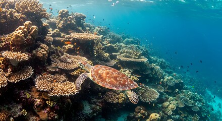 Obraz premium Majestic Sea Turtle Glides Gracefully Through a Vibrant Coral Reef, Sea Turtle Swimming Through a Thriving Underwater Ecosystem Full of Life