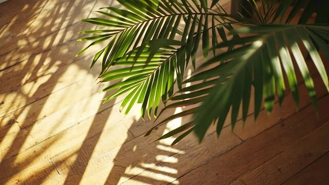 Sunlight and shadows on wooden floor with palm leaves