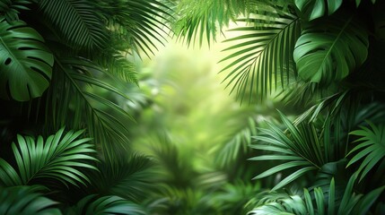 Fototapeta premium Lush green leaves create a frame around soft, diffused light. Perfect for backgrounds, nature themes, or serene advertisements.