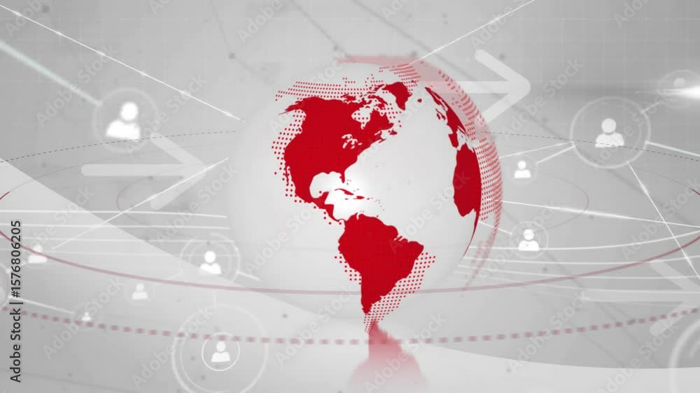 Poster white line sweeping in starting 3d globe rotating as icons appearing linking network showing growth