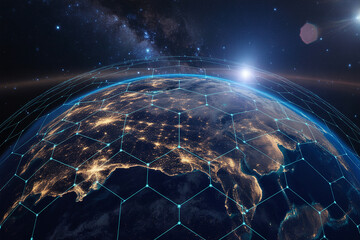 Obraz premium Global digital network overlay on illuminated planet