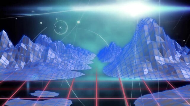 On start camera drifting over neon grid plane rotating HUD rings visualizing retrofuturistic canyon