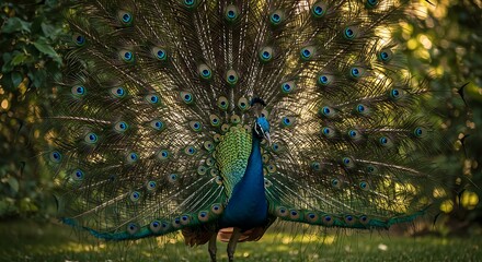 Obraz premium Peacock Showing Off Its Feathers in a Display of Beauty, Majestic Peacock Displaying Plumage in a Garden with Dappled Sunlight