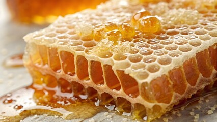 Macro candy art: honeycomb glistens with sugar crystals for a sweet, textured visual—perfect for confectionery or artisanal food branding.