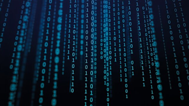 Digital binary code with glowing blue numbers in matrix style background
