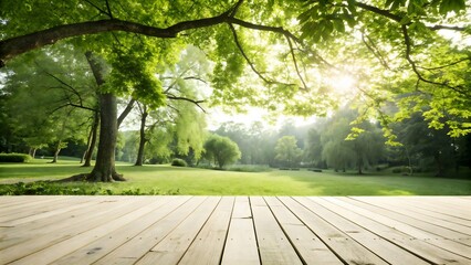 Sunlight filters through lush green tree canopy onto a wooden deck overlooking a park