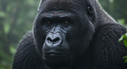 Obraz premium Gorilla with reflective water droplets in the rain, Intricate portrait of a western lowland gorilla during a light rain shower