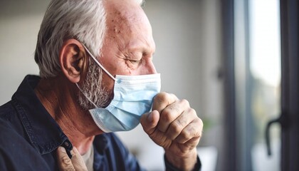 Elderly man coughs with flu mask, and indoor health.