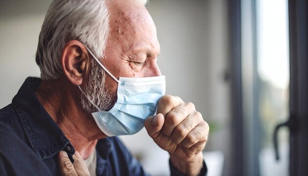 Elderly man coughs with flu mask, and indoor health.