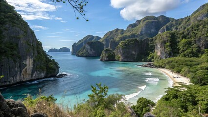 Stunning tropical bay with turquoise water and lush green limestone cliffs
