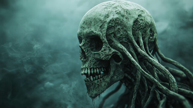 Mysterious skeletal figure with tentacles set against a dark foggy background, evoking feelings of horror, fear, and the supernatural in a chilling atmosphere