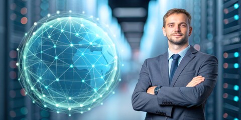 Professional Businessman Posing with Digital Globe in Data Center Environment