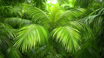 Fototapeta premium Lush Green Palm Tree in Tropical Rainforest Sunlight
