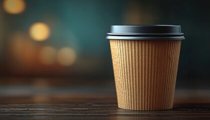 Close-up of a takeaway coffee cup with a black lid on a wooden table. Perfect for coffee shop adverts or representing a daily caffeine fix.