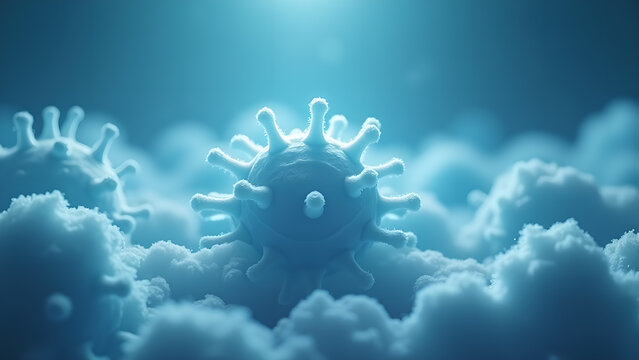Conceptual 3D render of a virus floating among clouds creating an unsettling serene atmosphere