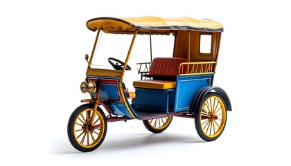 Antique Three Wheeled Tricycle with Yellow Roof on White Background Detailed and Nostalgic