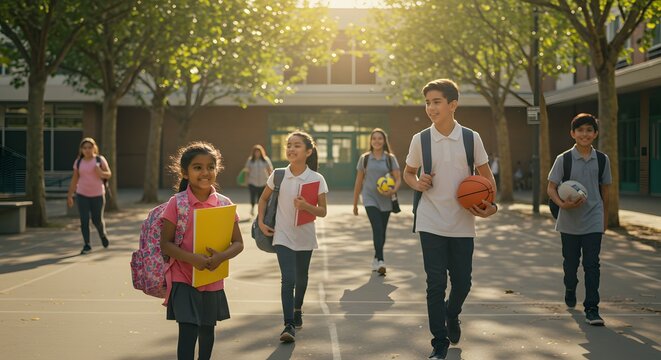Students walk together through the school courtyard after classes while carrying backpacks and sports equipment during a sunny afternoon.