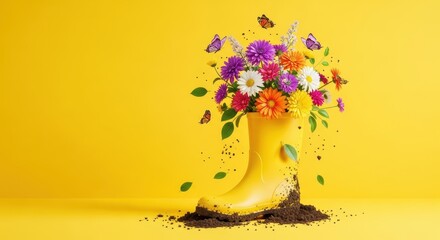 Floral arrangement in yellow rubber boot with butterflies on yellow background