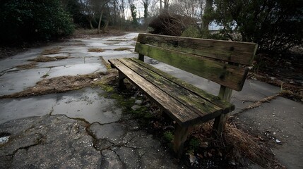 Fototapeta premium A weathered wooden bench stands amidst cracked pavement and overgrown grass, evoking a sense of solitude and abandonment.