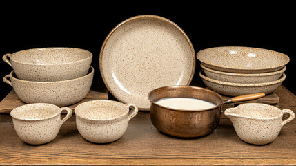 Collection of rustic ceramic tableware including plates, bowls, cups, and a saucepan on a wooden table against a black background