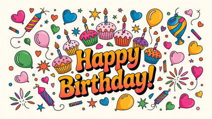 Fototapeta premium A cheerful birthday card on white background, filled with vibrant, playful party doodles and festive decorations