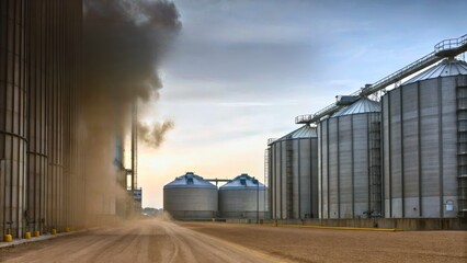 Obraz premium Industrial Storage Silos Under Dramatic Sky with Smoke and Dust in Agriculture Area