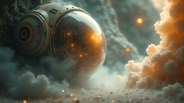 A futuristic exploration pod descends through celestial clouds offering a glimpse into a world of wonder and mystery - Powered by Adobe