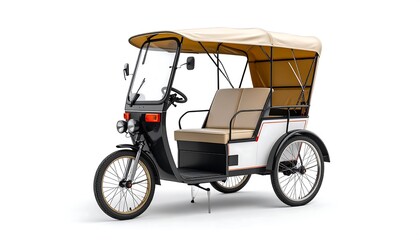 Black and White Electric Tricycle with Tan Canopy on White Background